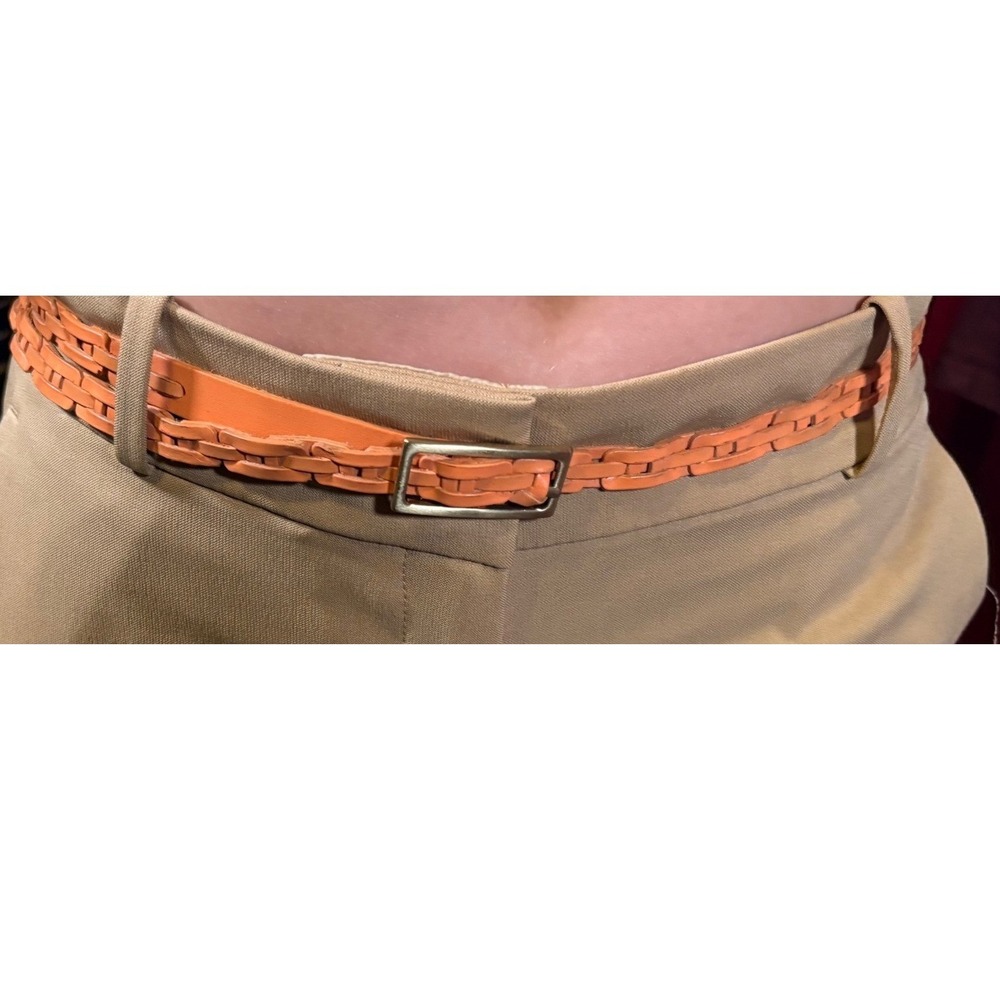 Woven Leather Belt Women 49" Brown Orange Good Braided Skinny Gold Buckle